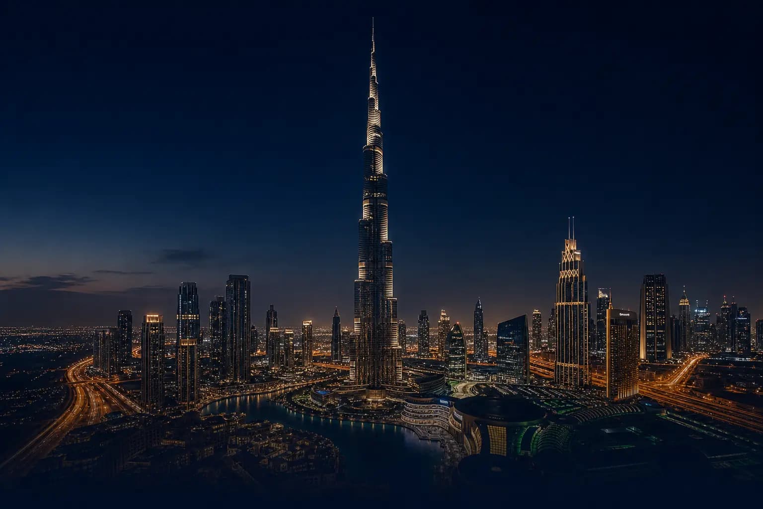 Burj Khalifa and Dubai Downtown at blue hour